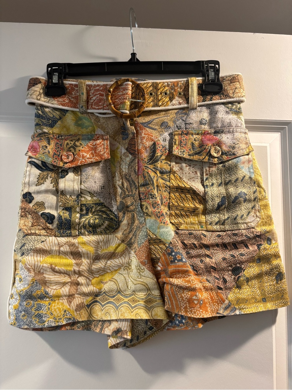 Zimmermann Brightside Piped Batik Patch High Waist Linen Shorts Bamboo Buckle